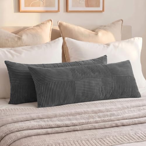 Fancy Homi Set of 2 Dark Gray Boho Long Lumbar Body Decorative Throw Pillow Cover 14x36 Inch for Bed Couch Bedroom Bench, Soft Patchwork Corduroy Textured Pillow Case, Rustic Farmhouse Room Décor by Fancy+Homi