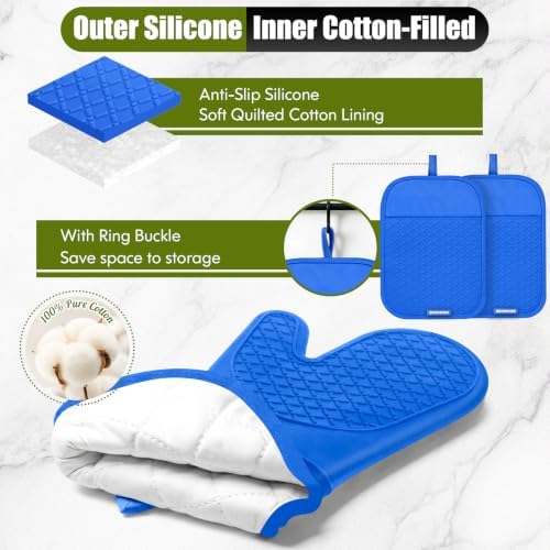 Silicone Oven Mitts and Pot Holders with Kitchen Towels and Dishcloths Sets, Baking Gloves Hot Pads 500°F Heat Resistant with Non-Slip Grip Surface, Mitts Set Includes 4 Kitchen Towels/4 Dish Towels - Image 4