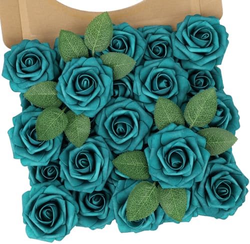 Artificial Flowers Real Touch Fake Rose with Stem Decor,25Pcs-Peacock Green by NTNIETING