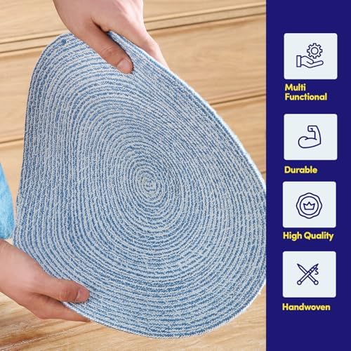 Round Placemats Set of 6-100% Cotton Two-Tone Placemat for Dining Table - Woven Braided Table Setting Place Mat - Washable Table Decor for Kitchen, Farmhouse, Rustic, Everyday Use, Dark Blue - Image 3