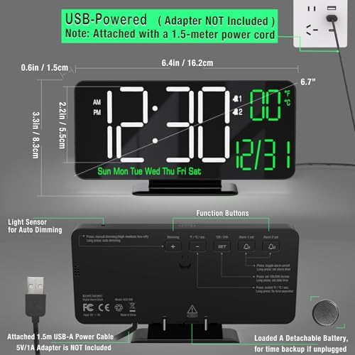 KOSUMOSU Digital Clock for Bedroom, 6.7in Black Alarm Clocks for Bedrooms,Auto Dimming, Date, Day of Week, Indoor Temperature,Digital Alarm Clock,Clocks for Living Room - Image 5