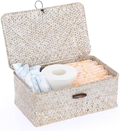 Sumnacon Wicker Basket with Lid,Tampon Holder for Bathroom,Whitewash,S by Sumnacon