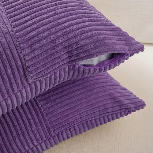 Fancy Homi Set of 2, Purple Patchwork Corduroy Decorative Soft Striped Modern Accent Cushion Case Farmhouse Boho Neutral Throw Pillow Covers for Chair Couch Bed Sofa Living Room 36x14 Inch - Image 4