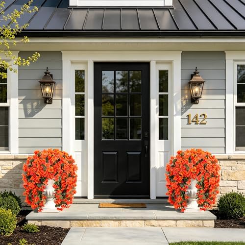 Artificial Bougainvillea Faux Flowers Plants for Outdoors Outside Fall Autumn Decor, 2 PCS Silk Trailing Vines UV Resistant Realistic Orange Fake Flowers for Planter Front Door Porch Patio Balcony - Image 4