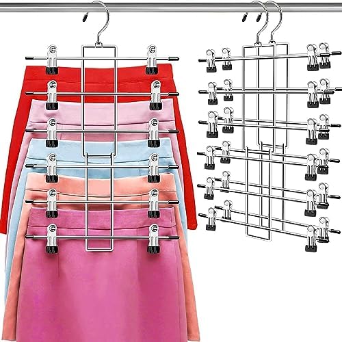 Pants Hangers with Clips,Space Saving Hanging Closet Organizer-6 Tiers Skirt Hangers with 360° Swivel Hook,Closet Organizer-Clothes Hangers- College Dorm Essentials Apartment Essentials-2 Pack by Lumigens