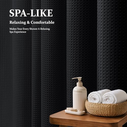 Dynamene Extra Wide Waffle Shower Curtain 256 GSM Fabric 84x72 Black - Image 3