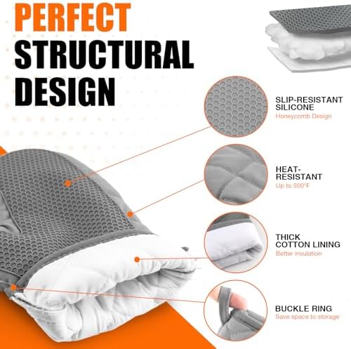 Silicone Oven Mitts, Heat Resistant 2PCS Oven Mitts with Soft Cotton Lining, Waterproof Non-Slip Grip Oven Glove, Kitchen Potholder Mits for BBQ, Baking, Cooking, 10.5Inch - Dark Grey - Image 3