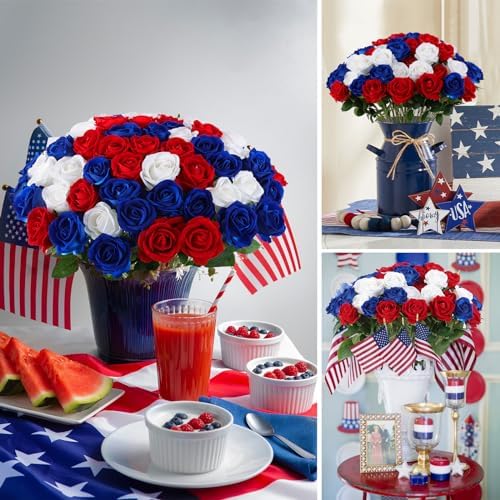 Hananona 50 Pcs Artificial Roses, Realistic Silk Flowers Bulk, RWB - Image 5