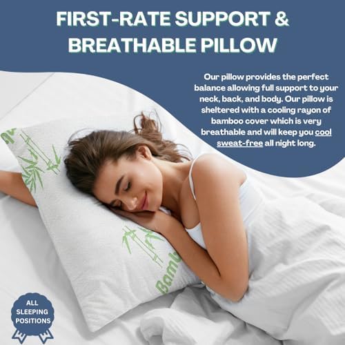 Memory Foam Rayon Bamboo Pillows Queen Size Set of 2 for Sleeping [Adjustable] - Cool & Breathable Cover with Zipper Rayon Bamboo Pillowcase - Relieves Neck Pain - Back/Stomach/Side Sleeper - Image 6