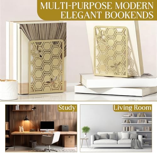 Chunful 6 Pack Gold Metal Honeycomb Bee Bookends Book Stoppers for Shelves - Image 3