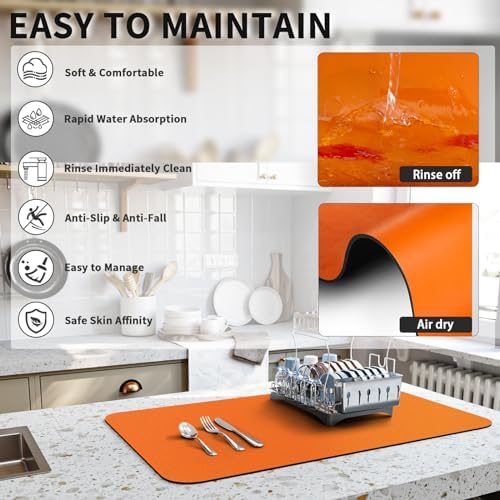 HotLive Dish Drying Mat for Kitchen Counter, Heat Resistant Drainer Mats with Non-slip Rubber Backed, Hide Stain Kitchen Super Absorbent Draining Mat, Easy to Clean Dish Rack Pad, Orange 16"x18" - Image 4