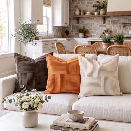 Fancy Homi 2 Packs Burnt Orange Big Decorative Throw Pillow Covers 24x24 Inch for Living Room Couch Bed, Farmhouse Boho Home Decor, Soft Corss Corduroy Patchwork Accent Square Cushion Case 60x60 cm - Image 2