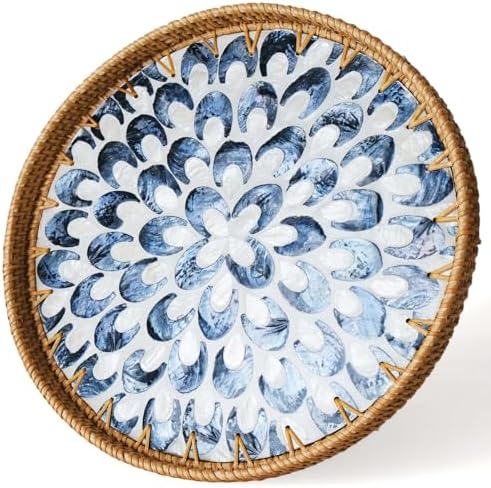 13.8" Round Rattan Tray with Mother of Pearl Inlay,Wicker Coffee Table Tray by S310