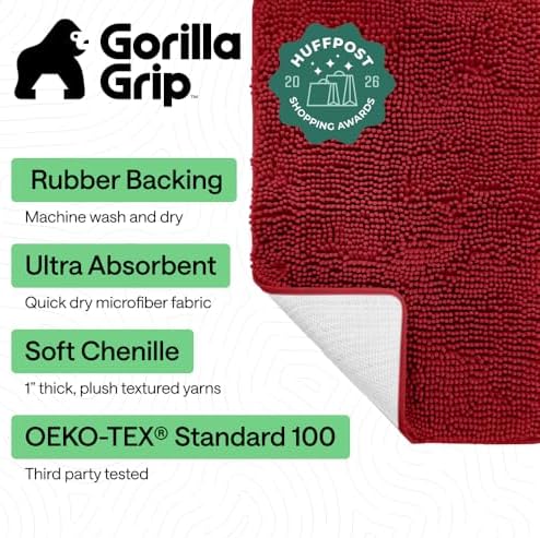 GORILLA GRIP Bath Rug Mat for Bathroom, Absorbent Chenille, 30x20 Red - Image 2