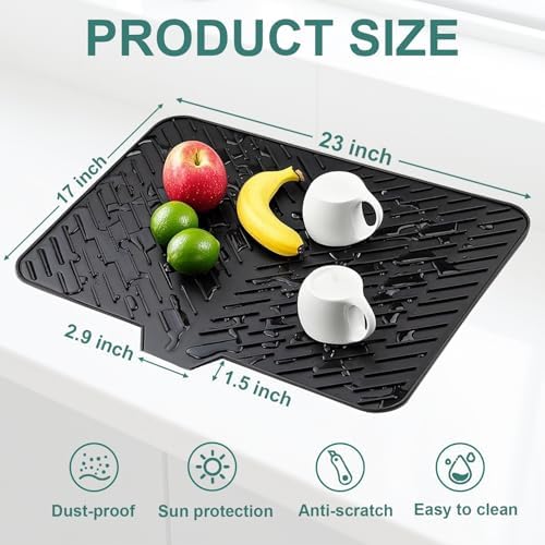 Silicone Dish Drying Mat for Kitchen Counter, 23" x 17" Black-1pcs - Image 3