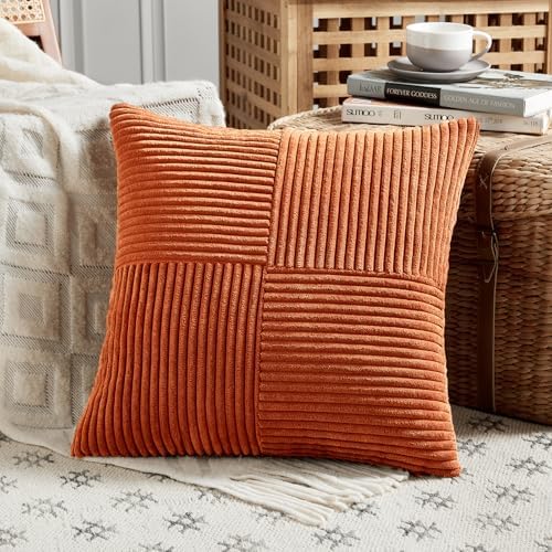 Fancy Homi Set of 2 Burnt Orange Decorative Throw Pillow Covers 24x24 Inch for Living Room Couch Bed, Boho Farmhouse Fall Home Decor, Soft Corss Corduroy Patchwork Textured Cushion Case 60x60 cm - Image 2