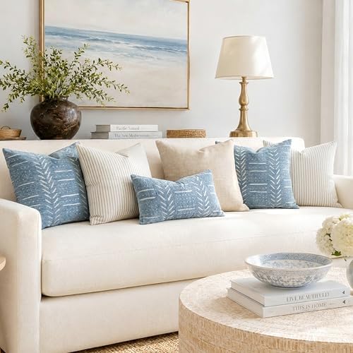 BlissBlush Coastal Blue Decorative Throw Pillow Covers 20x20 Set of 2, Soft Woven Chenille Accent Pillow Covers for Couch Sofa Bed, Textured Farmhouse Cushion Covers for Living Room - Image 5