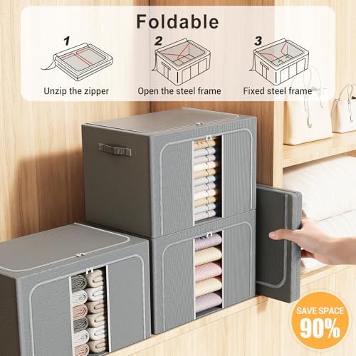 Clothes Storage Bins with Metal Frame, Foldable Clothes Organizers Storage Containers for Clothes, Sheets, Blankets, Pillows and Towels (100L, 3 Pack, Deep Grey) - Image 4