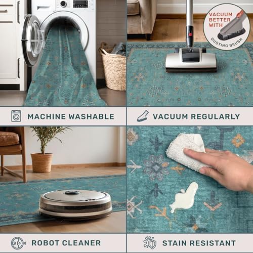 5x7 Teal Rug for Living Room, Boho Turquoise Rugs for Bedroom, Modern Eclectic Low-Pile Carpet for Dining Table, Washable Non-Slip with Rubber Back - Image 4