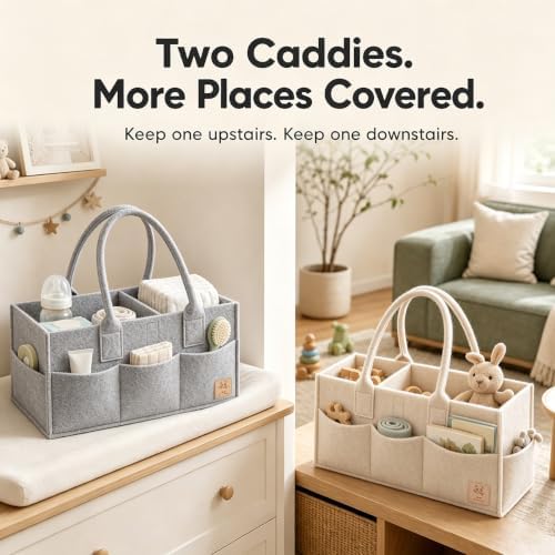 HIPHOP PANDA 2-Pack Diaper Caddy Organizer - Nursery Storage Bin & Car Organizer for Diapers, Wipes, and Baby Essentials - Dual-Color Solid Set (Grey/Oatmeal), Large Size - Image 5