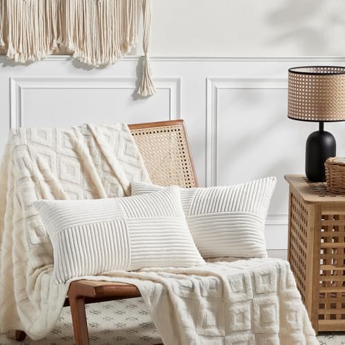 Fancy Homi 2 Packs Cream White Long Lumbar Decorative Throw Pillow Covers 16x24 Inch for Couch Bed Sofa, Rustic Farmhouse Boho Home Decor, Soft Striped Corduroy Rectangle Accent Cushion Case 40x60 cm - Image 6