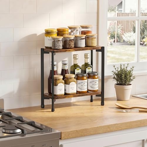 pickpiff 2 Tier Spice Rack Organizer for Kitchen Countertop, Wood and Metal Seasoning Shelf, Space-Saving Spice Organizer for Kitchen Counter, Coffee Bar and Dining Table, Brown - Image 5