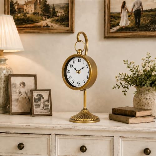 Vintage Gold Metal Table Clock, Small Farmhouse Table Clock, Silent Battery Operated Non-Ticking Desk and Shelf Clocks for Living Room, Kitchen, Shelf, Bedroom Decor - Image 3