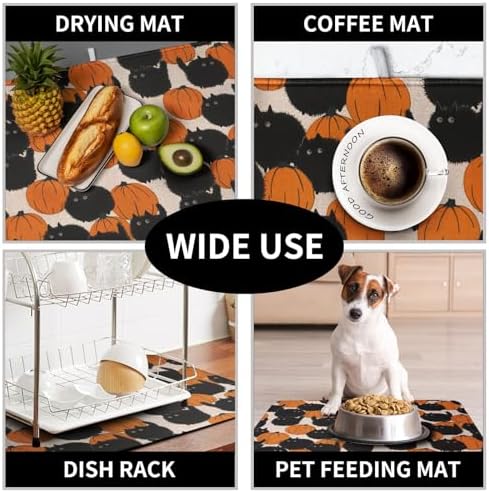 Happy Halloween Dish Drying Mat for Kitchen Counter 18x24 Inch Cute Pumpkin Black Cat Trick or Treat Drying Mats Large Microfiber Absorbent Dish Rack Pad for Coffee Bar Sinks Home Accessories - Image 7
