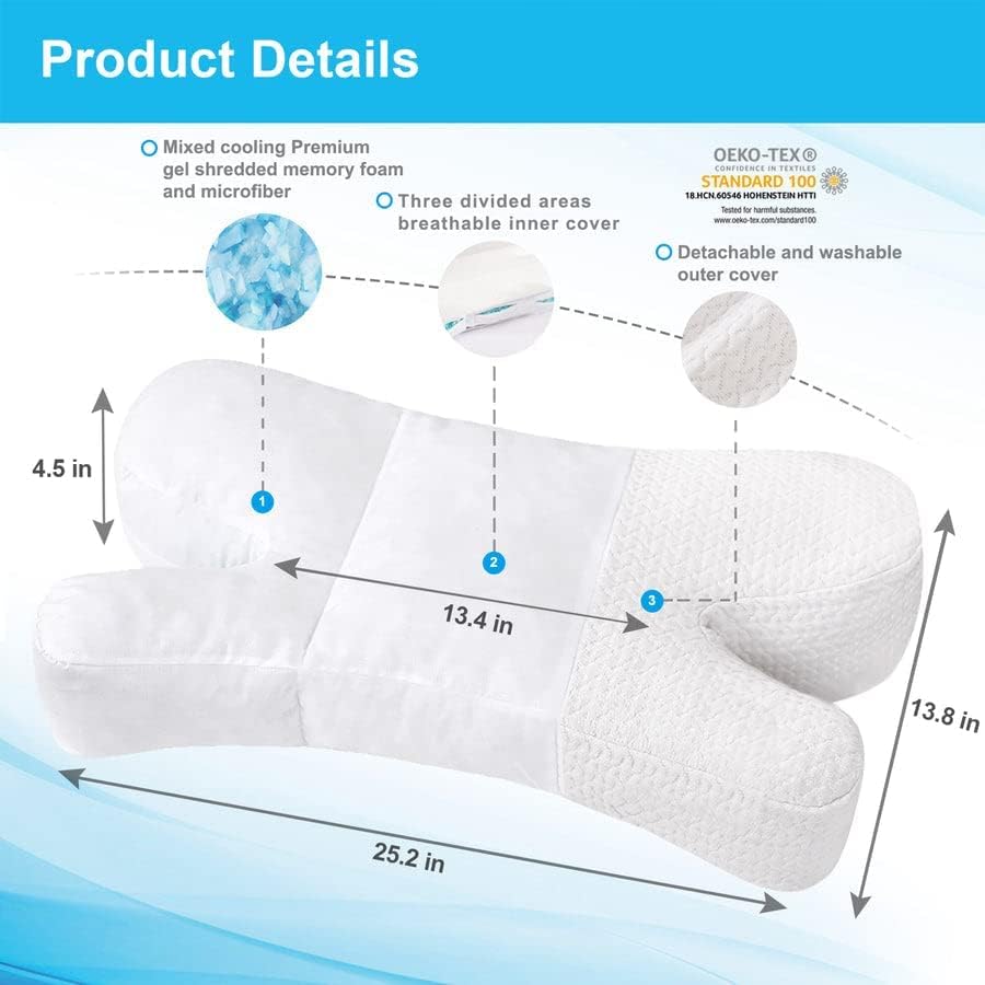 Clieey Side Sleeper Pillow Anti Wrinkle Aging Pillow Gel Shredded Memory Foam for Neck Pain Relief Pillow for Sleeping Side Back Stomach Sleeper Pillows (Regular White Style) - Image 3