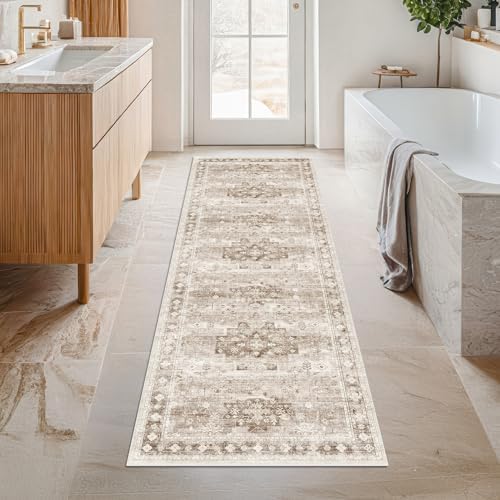 Hazo Haus Boho Long Bathroom Runner Rug 24 x 72 Washable Non Slip - Soft Stain Reistant Rugs for Kitchen, Laundry Room, Hallway Runner - Neutral Floral Design Décor (2x6 Beige/Latte) by HazoHaus