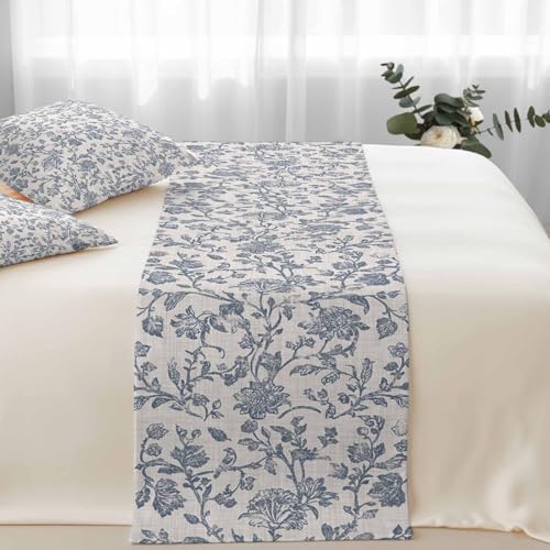Beige Farmhouse Bed Runners for Cal King Size Beds Blue Boho Flower Bed Scarf Matching Decorative Throw Pillow Covers Vintage Botanical on Linen Hotel Beds End Blanket Towel Soft Bedspread Protection - Image 4