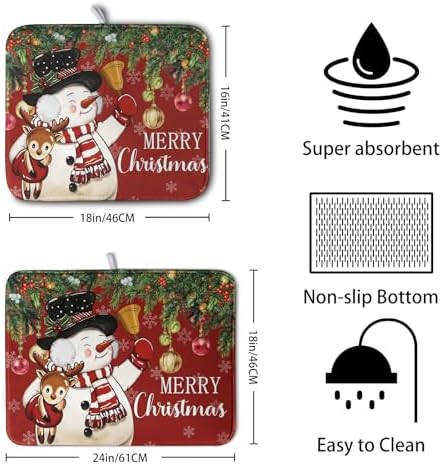 Christmas Dish Drying Mats for Kitchen Counter 16x18 Cute Snowman Red Dish Drying Pad for Dishes Winter Xmas Holiday Dish Draining Mat Absorbent Microfiber Dish Drainer Rack Mats - Image 2
