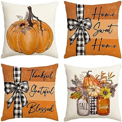 AVOIN colorlife Fall Pumpkin Home Sweet Home Throw Pillow Covers, 18 x 18 Inch Autumn Thankful Grateful Blessed Harvest Floral Orange Decorations for Sofa Couch Set of 4 by AVOINcolorlife