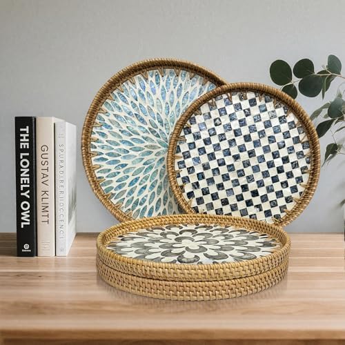 Round Rattan Tray with Mother of Pearl Inlay, Decorative Basket with Wooden Base, Woven Tray for Kitchen Island Decor, Table Decor, Storage and Display of Food (Checkerboard, 13.8") - Image 6