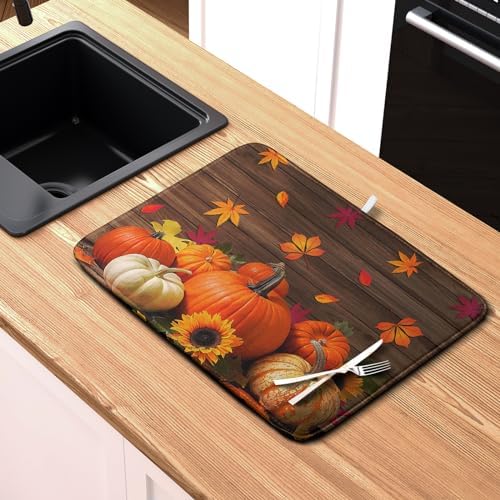 AutumnThanksgiving Pumpkin Dish Drying Mat for Kitchen Counter 16x18 Inch Fall Sunflowers Maple Leaves Harvest Kitchen Drying Mat Microfiber Super Absorbent Dish Rack Drainer Mat with Hanging Loop - Image 6