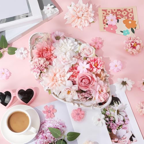 Janinka 100 Pcs Assorted Fake Flower Heads with Long Stem,Pink - Image 4