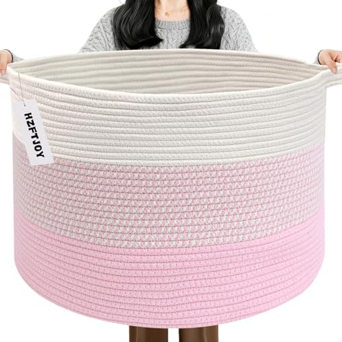 65L Large Blanket Basket,Woven Rope Laundry Basket-Mixed Pink by HZFTJOY