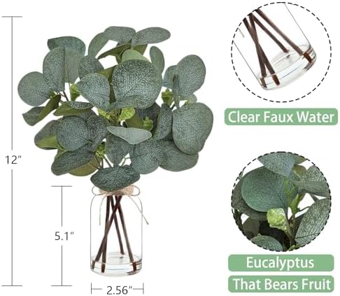 Artificial Eucalyptus Stems in Glass Vase with Faux Water,Artificial Plants Eucalyptus Leaves for Shelf Desk Bathroom Farmhouse Room Coffee Table Home Decor, Central Decoration. - Image 2