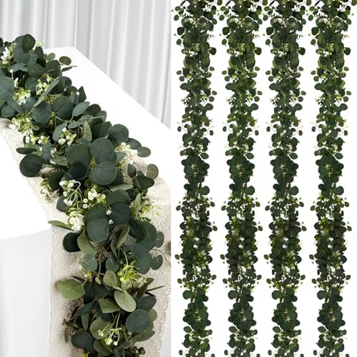 YIJXPOIN 4Pcs Eucalyptus Garland, 6FT Green Flower Garland Decor, Artificial Faux Eucalyptus Leaves Greenery Vines for Table Runner Wedding Bedroom Mantle Centerpieces Backdrop Decorations by Unknown