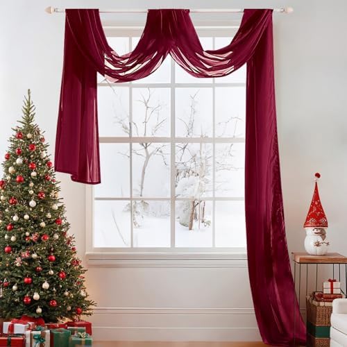 MIULEE Christmas Sheer Window Scarf Valance 54"x216" Maroon Red One Panel by MIULEE