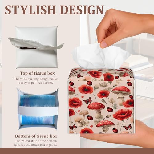 Cute Mushrooms Tissue Box Cover, 2Pcs Square PU Leather Tissue Box Holder for Bathroom Vanity Countertop, Bedroom Dresser, Office Desk or Night Stand Table - Image 4