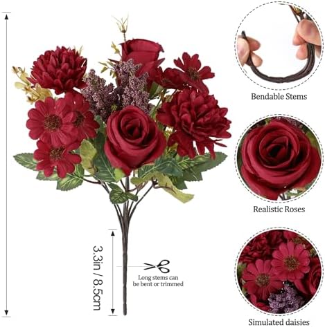 Dremisland Artificial Flowers 2 Bundles Burgundy Fake Roses Silk Bouquets - Image 3