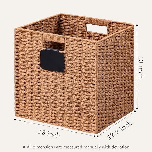 UBBCARE 2 Pack Wicker Basket, 13×13 Storage Cubes with Label, Foldable Cube Storage Bin with Handle, Square Storage Basket for Shelves, Woven Paper Rope Basket for Organizing, Caramel - Image 2
