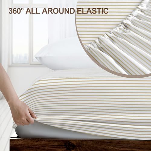 FreshCulture California King Fitted Sheet Only - Hotel Quality Fitted Sheet - Ultra Soft & Breathable - Brushed Microfiber - Deep Pocket - Cooling Fitted Sheets for Cal King Size Bed (Stripe Beige) - Image 3