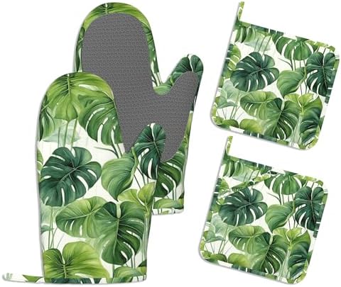 Green Palm Leaf Pot Holders and Oven Mitts,Summer Tropical Leaves Oven Mitts Heat Resistant Cotton Lining Anti-Slip Silicone Kitchen Mitts Set Hot Pads for Microwaves Cooking Baking Grilling by SNOWMOLLE