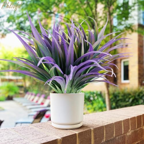 32 Pcs Artificial Grass Fake Plants 17.3in Outdoor Plants UV Resistant Faux Greenery Stems Fake Grass for Home Window Garden Office Patio Pathway Front Porch Halloween Décor Green & Purple - Image 4