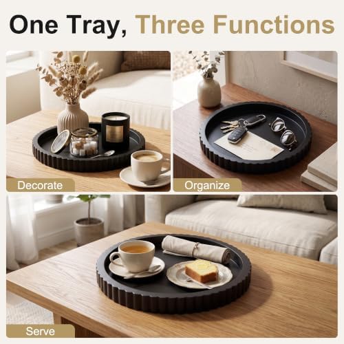 FGU 2 Pack Round Wood Decorative Trays for Coffee Table Decor, Black - Image 4