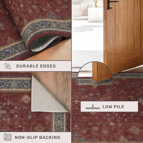 Washable 3x4 Rugs for Entryway - Burgundy Large Kitchen Rug, Non Slip Inside Door Mats for Home Entrance, Unique Bohemian Red Low Pile Thin Carpet for Bedroom Bedside, Foyer - Image 5