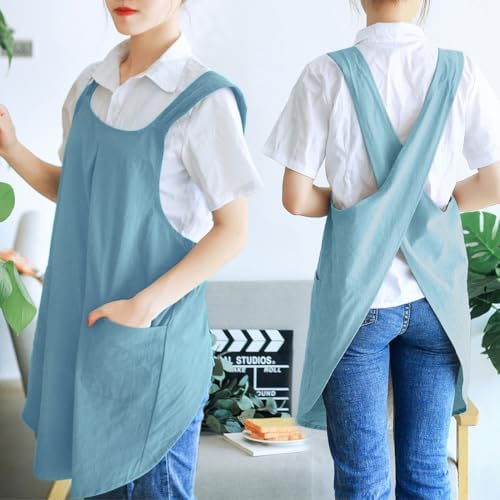 NEWGEM Japanese Cotton Linen Cross Back Cooking Apron for Women Men with Pockets Cute for Baking Kitchen - Image 3