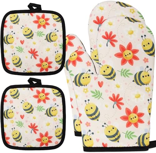 Lucleag 4 PCS Bee Oven Mitts and Potholders Set, Cute Bee Oven Mitt Pot Holders Bees Potholder Heat Resistant Non-Slip Cooking Gloves for Grilling Baking Summer Birthday Party Favor Decor by Lucleag